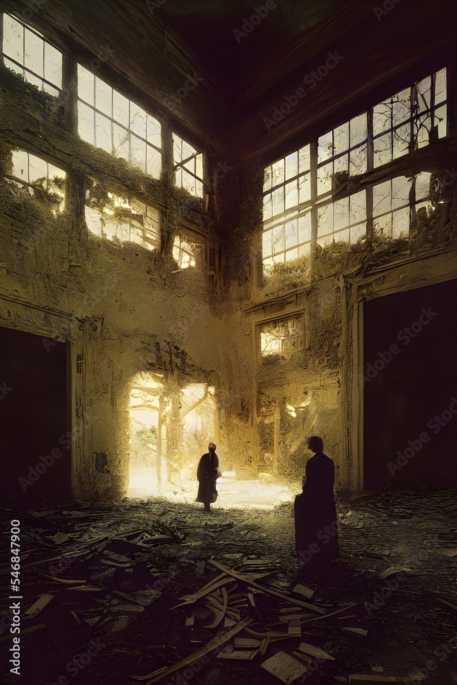 People standing in a ruined building. Can be used for stories of urban decay, ruined business, war, disaster etc.