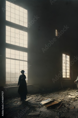 People standing in a ruined building. Can be used for stories of urban decay, ruined business, war, disaster etc.