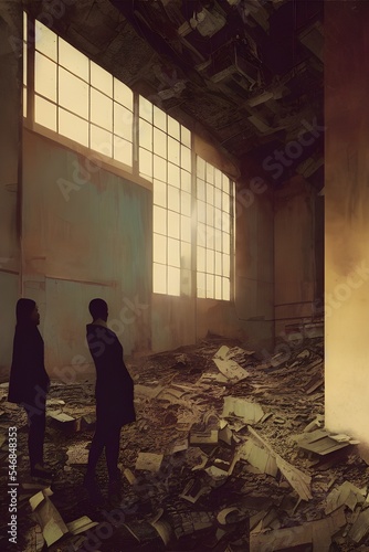 People standing in a ruined building. Can be used for stories of urban decay, ruined business, war, disaster etc.