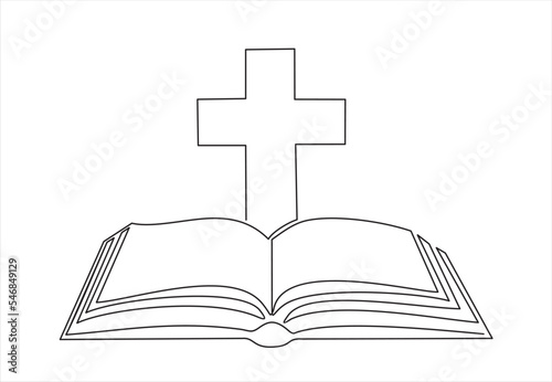 Continuous single one line drawing of open book and cross. Illustration with quote template. One line vector illustration. Order a banner for one line drawing.