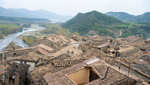 Views from the bell tower of the Parish Church of Santa María de Aínsa in the Pyrenees. Huesca province. Aragon.