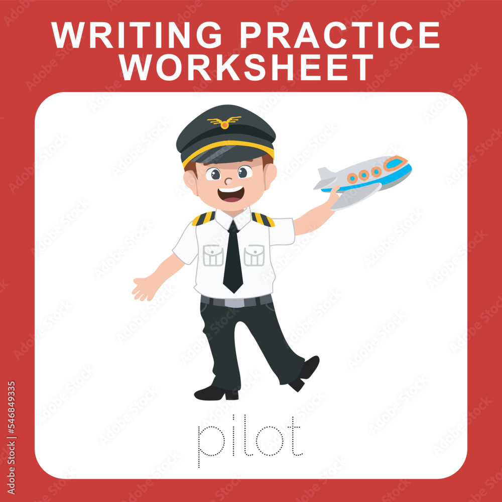 Writing practice worksheet with kids’ profession dream theme. A cute little pilot with the uniform and holding an airplane miniature. Educational printable sheet for children. Cute cartoon vector.