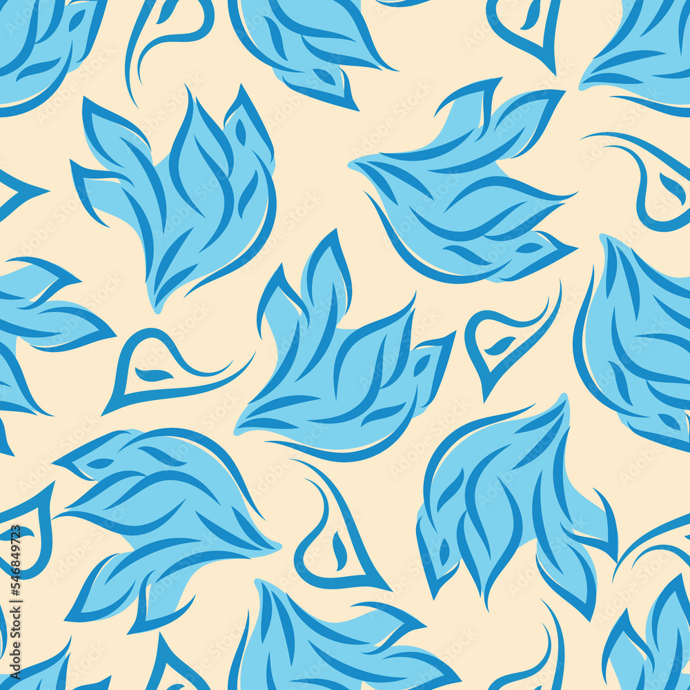 Loose swirling leaf seamless vector pattern background. Blue off white botanical foliage hand drawn line art scattered leaves. Duotone backdrop.Tossed multidirection design for packaging, summer