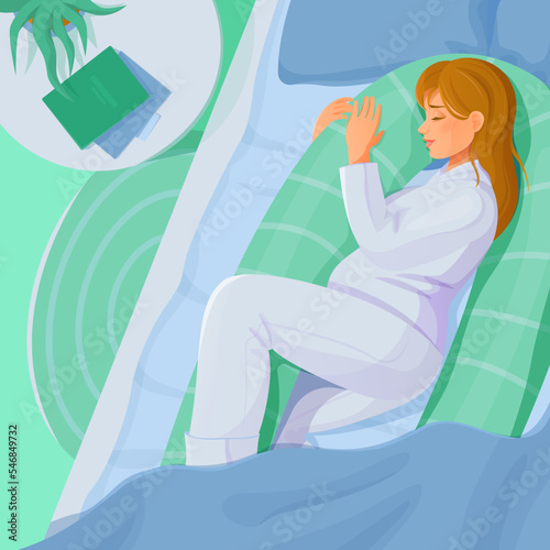 Young woman lying sleeping with pillow for pregnant on bed.