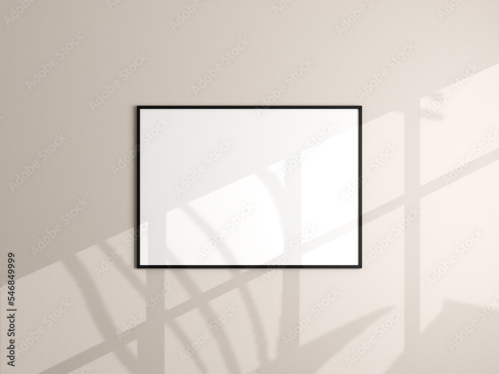 Photo frame mockup hanging on beige wall. Minimalist background. Blank picture frame mockup in living room. Poster mockup. Clean, modern, minimal frame. 3d rendering.
