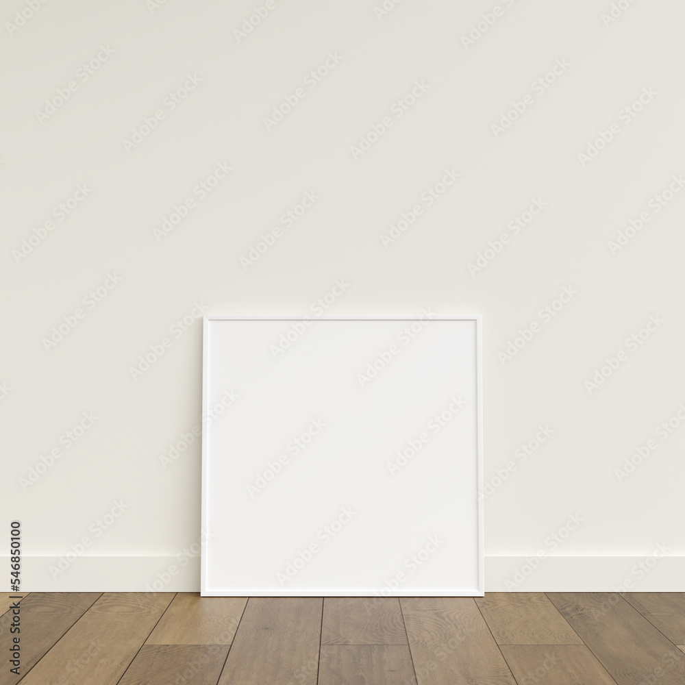 Empty picture frame on wooden floor leaning against wall. Blank poster frame standing on wooden floor. Blank poster frame mockup. Empty picture frame mockup. 3d rendering. Empty picture frame on wooden floor leaning against wall. Blank poster frame standing on wooden floor. Blank poster frame mockup. Empty picture frame mockup. 3d rendering.