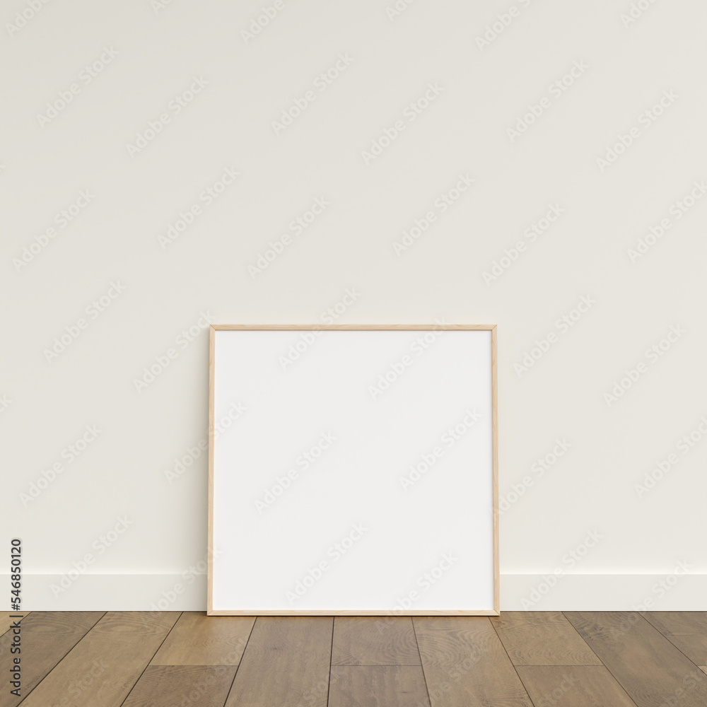 Empty picture frame on wooden floor leaning against wall. Blank poster frame standing on wooden floor. Blank poster frame mockup. Empty picture frame mockup. 3d rendering. Empty picture frame on wooden floor leaning against wall. Blank poster frame standing on wooden floor. Blank poster frame mockup. Empty picture frame mockup. 3d rendering.