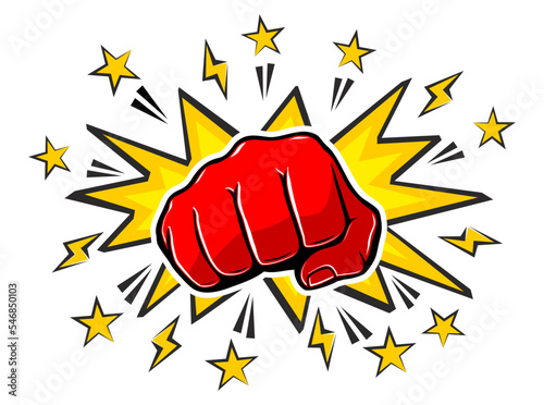Explosive blow fist,  strong punch drawn in comic style. Fist punching, hit strong fist. Vector on transparent background photo
