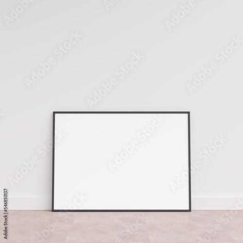 Empty picture frame on wooden floor leaning against wall. Blank poster frame standing on wooden floor. Blank poster frame mockup. Empty picture frame mockup. 3d rendering.