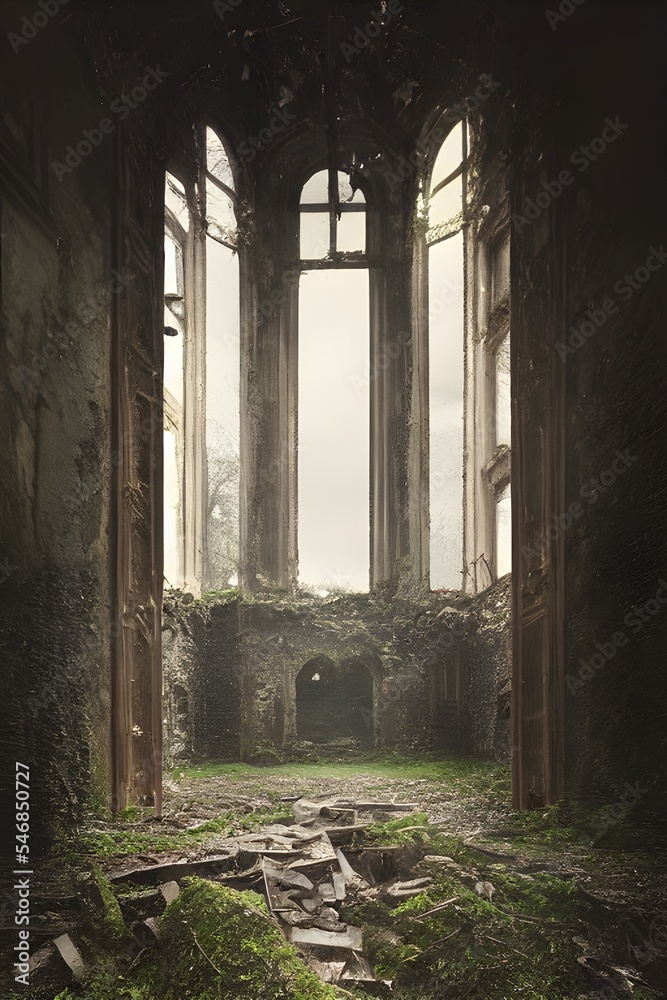 Fototapeta premium A ruined and decaying mansion, castle or factory. Long forgotten and overgrown.