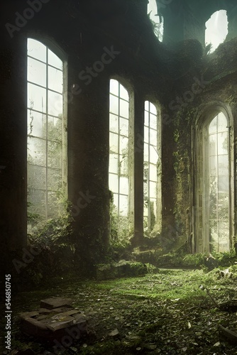 A ruined and decaying mansion  castle or factory. Long forgotten and overgrown.