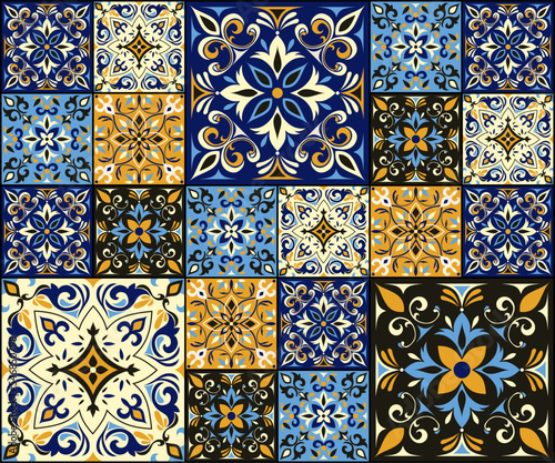 Seamless colorful tile with Islam, Arabic, Indian, ottoman motifs. Majolica pottery tile. Portuguese and Spain azulejo. Ceramic tile in talavera style. Vector illustration.