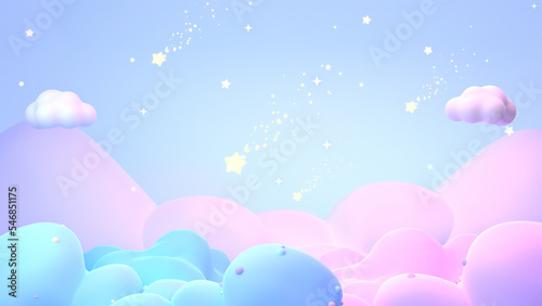 3d rendered pastel pink and blue clouds with falling shooting stars. 