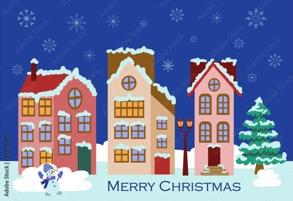 New Year's street with houses in the snow, a snowman, a lantern, cute snowflakes and a Christmas tree. Festive vector illustration in a flat cartoon style.