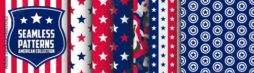 Seamless Patterns: American Collection. Stars and stripes made in USA. Set of 4th July designs. Graphics made for print and apparel. Labor backgrounds collection.