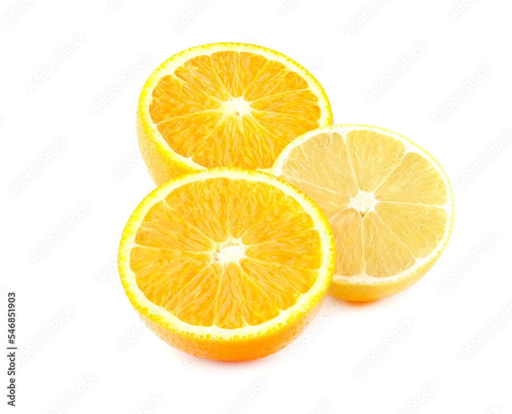 Orange fruits with lemon isolated on white background. Fruit halves. Orange fruits with lemon isolated on white background. Fruit halves.