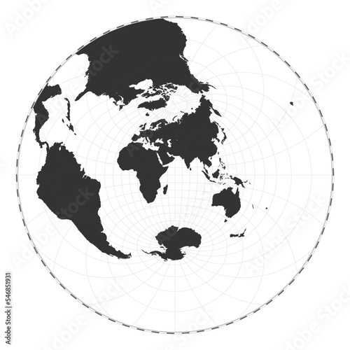 Vector world map in Airy's minimum-error azimuthal projection. Geographical map with latitude and longitude lines, centered at 60 degrees west longitude. Vector illustration.