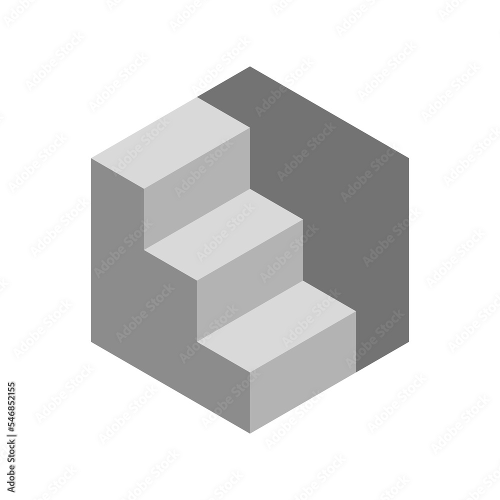 Isometric gray staircase with supporting wall. Three steps. 3D geometric hexagon box. Stairs architectural feature. Building, construction, interior design industry. Vector illustration, clip art.  