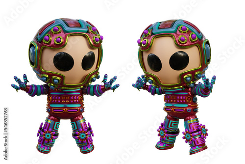 3D RENDERING PNG ILLUSTRATION. CUTE DESIGN ROBOT CYBORG ANDROID CHARACTER ISOLATED WHITE BACKGROUND. SPACEMAN ASTRONAUT CARTOON METAL PLASTIC AI MACHINE TECHNOLOGY GAME MODEL FIGURE ART TOY.
