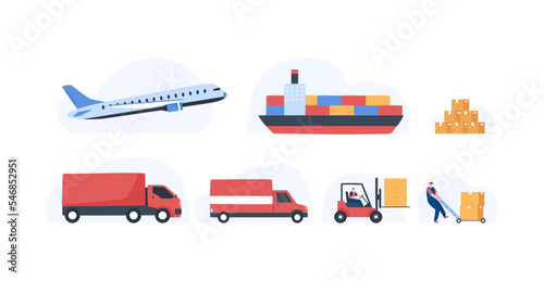 Global logistics delivery. cargo export and Import. car airplane ship forklift and truck. International delivery. Illustration