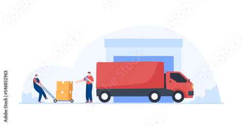 Delivery truck service. Warehouse workers moving boxes.  Illustration