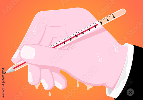 Hand holding pen thermometer showing temperature