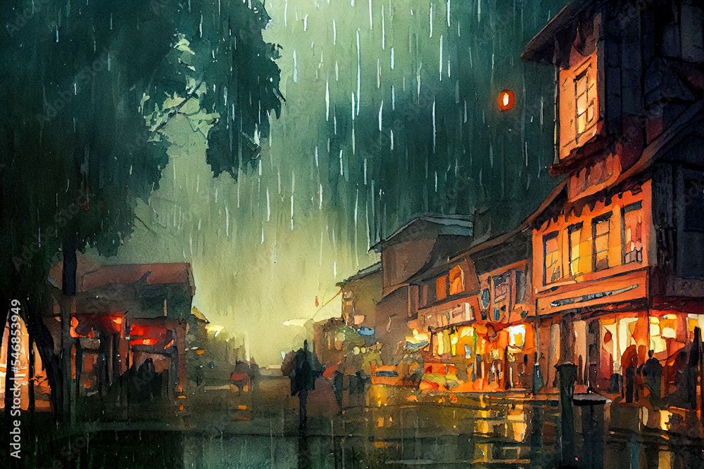 Fantasy digital art of small town Ontario in Canada during heavy rain ...