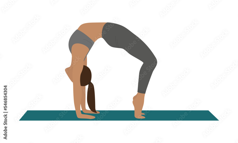 Slim female character goes in for sports on a sports mat on a white background