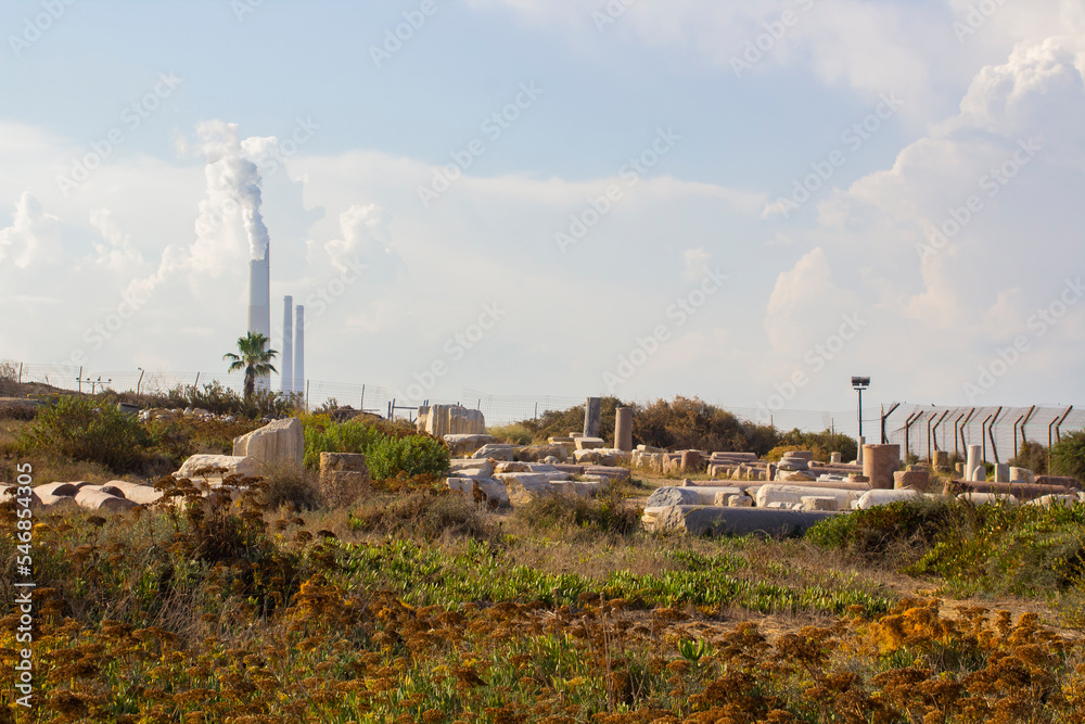 Smoke stacks at the Israeli Orot Rabin Power Plant located on th Smoke stacks at the Israeli Orot Rabin Power Plant located on th