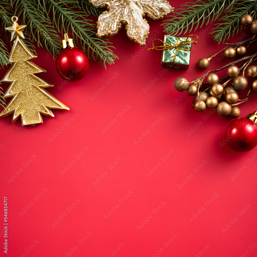 Christmas background design concept with beautiful decors and tree branch.