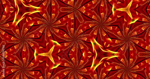 Glowing kaleidoscope of fiery flowers. Asymmetry. Animated background and club video. Endless cycle. The loop