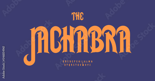Decorative english letters with crescent swashes serifs. Artistic old school alphabet. High bold decorative font. Vector cartoon vintage typographic design for Arabian or Mexican style type