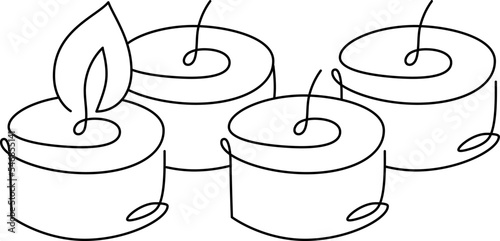 Hand drawn continuous one line four candles vector icon. Christmas advent first burning cundle to week. outline illustration for greeting card, web design isolated holiday invitation on white