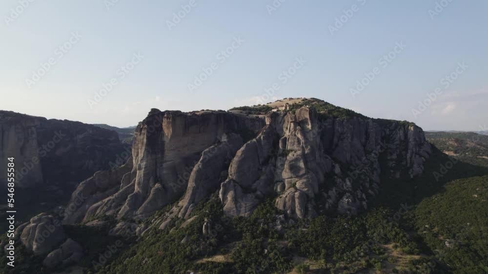Aerial approach shot toward Monastery of Saint Stephen, Meteora, Greece Aerial approach shot toward Monastery of Saint Stephen, Meteora, Greece