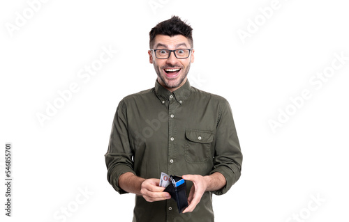 salary in wallet of man. happy man with salary in wallet isolated on white background.