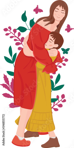 mother hugging her daughter vector. mother's day vector illustration. mom and daughter hugging vector. people in full growth vector