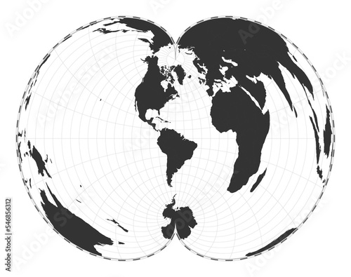 Vector world map. American polyconic projection. Plan world geographical map with latitude/longitude lines. Centered to 60 degrees E longitude. Vector illustration.