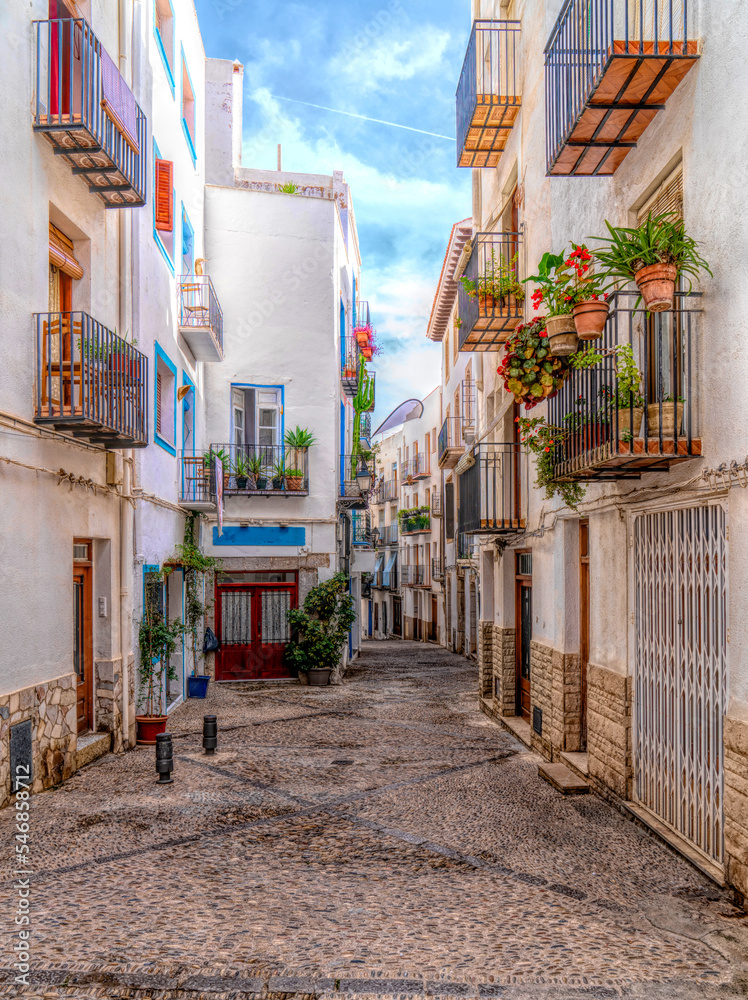Peniscola old town narrow streets and shops within the castle walls Castellon province Costa del Azahar Spain