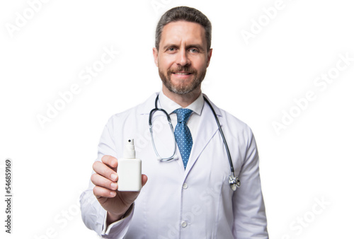 nasal medication. selective focus of doctor hold nasal drop. man with nasal spray