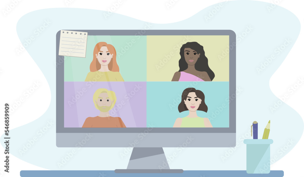 Home office concept. Online meeting with colleagues or friends. Vector illustration. Home office concept. Online meeting with colleagues or friends. Vector illustration.