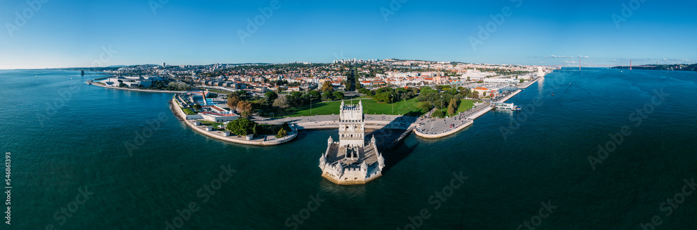 Aerial panorama of Belem Tower and Belem district at sunset in Lisbon, Portugal
