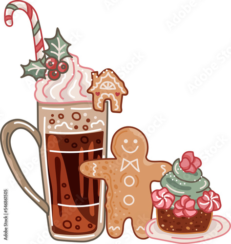 Hot drink with Christmas and New Year decor, gingerbread man and cupcake. Design element for winter holiday card, invitation, decor. 