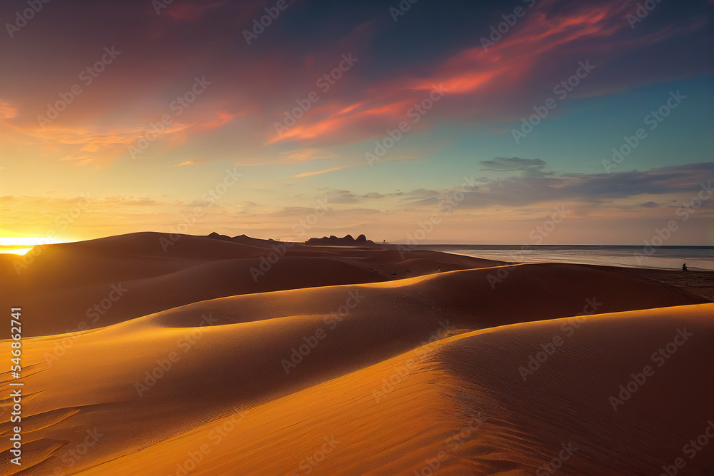 Stunning gold hues bathe the Sahara Desert sand dunes at sunset, highlighting their mesmerizing curves and patterns. A breathtaking showcase of nature's golden hour beauty. 
