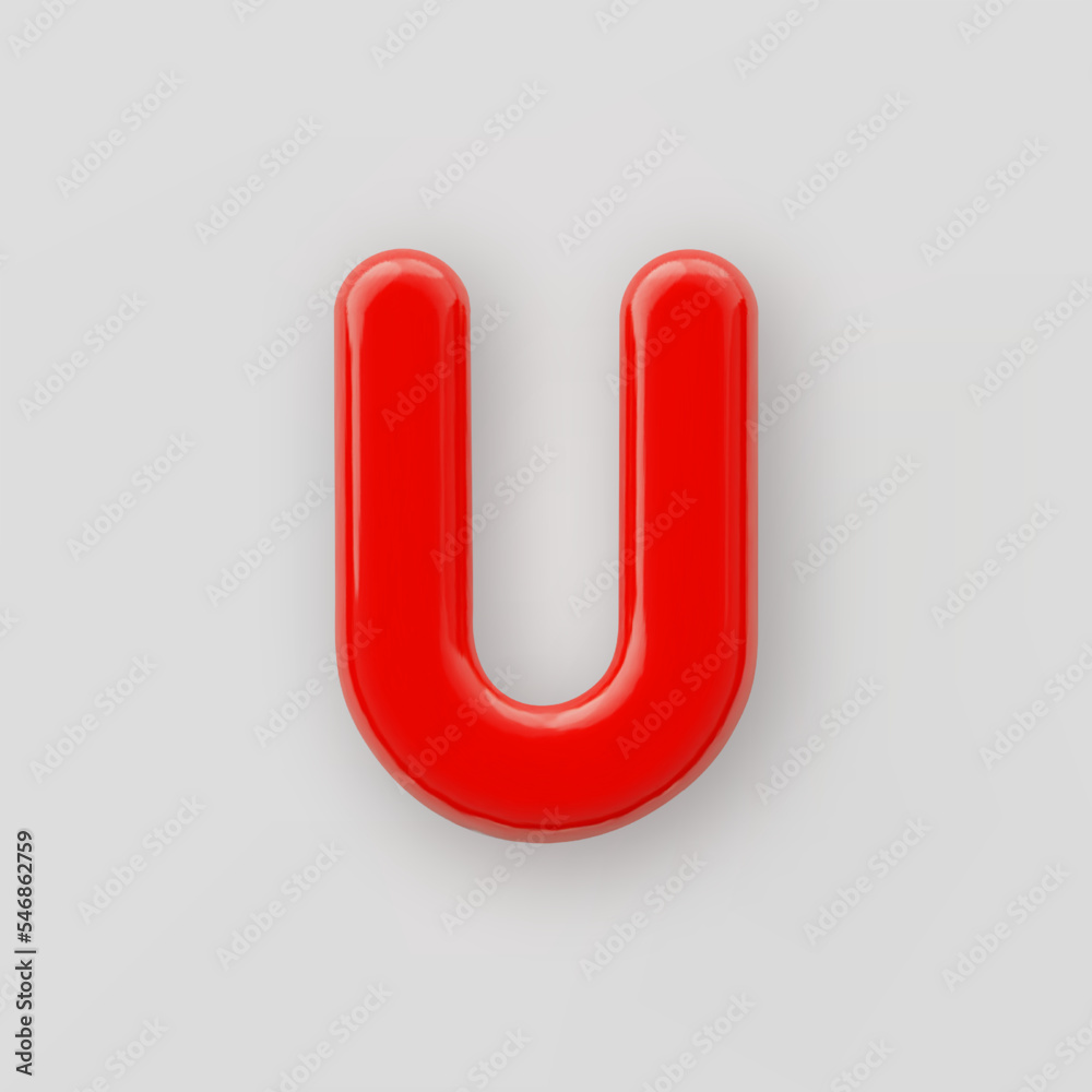 3D Red plastic uppercase letter U with a glossy surface on a gray background. 3D Red plastic uppercase letter U with a glossy surface on a gray background.
