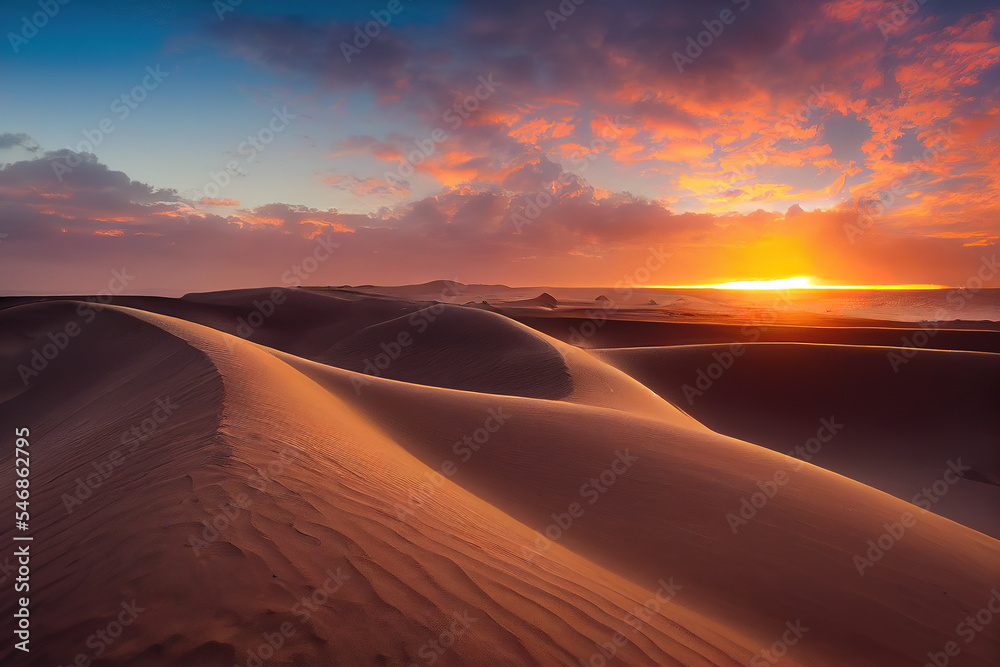 Golden sunset illuminates the Sahara Desert sand dunes, revealing a captivating interplay of shadows and light. Experience nature's artistry in this radiant gold landscape. 