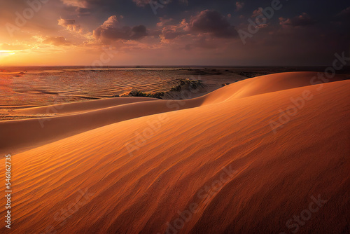 Stunning gold hues bathe the Sahara Desert sand dunes at sunset  highlighting their mesmerizing curves and patterns. A breathtaking showcase of nature s golden hour beauty. 