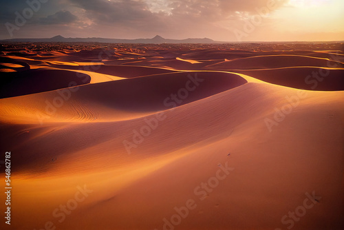 Stunning gold hues bathe the Sahara Desert sand dunes at sunset, highlighting their mesmerizing curves and patterns. A breathtaking showcase of nature's golden hour beauty. © Hassan