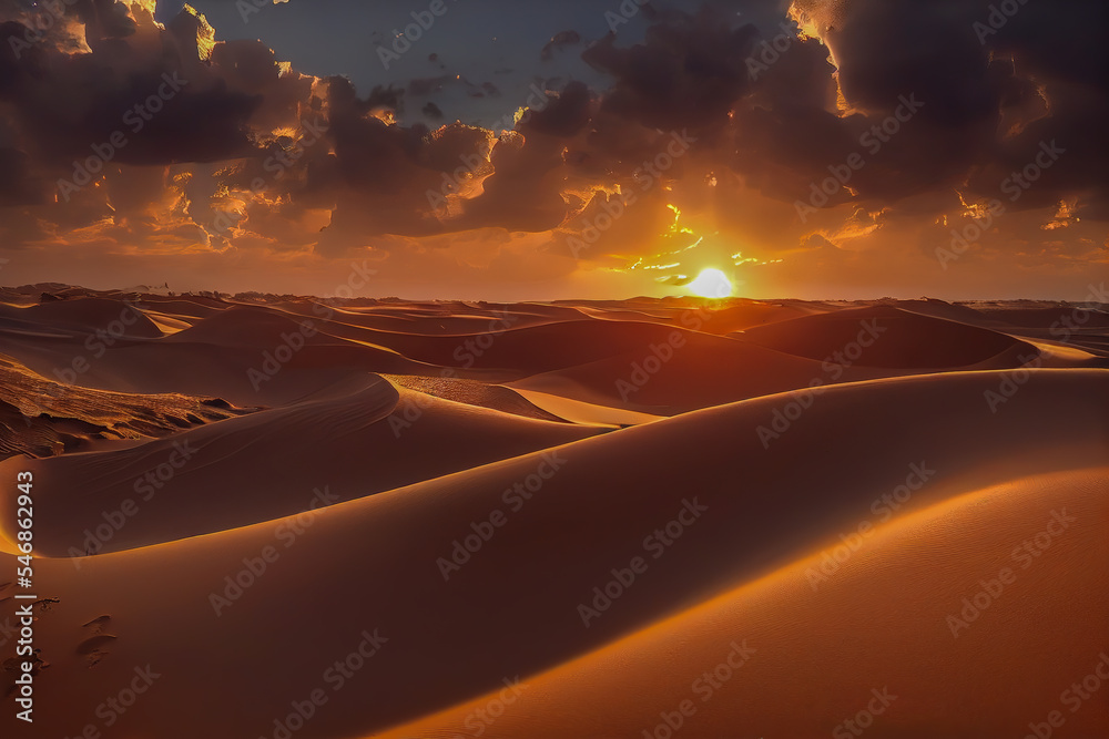 Breathtaking sunset over the Sahara Desert sand dunes, where vibrant skies meet sweeping curves of golden sand, capturing the serene beauty of nature's vast expanse.  