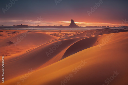 Golden sunset illuminates the Sahara Desert sand dunes  revealing a captivating interplay of shadows and light. Experience nature s artistry in this radiant gold landscape. 