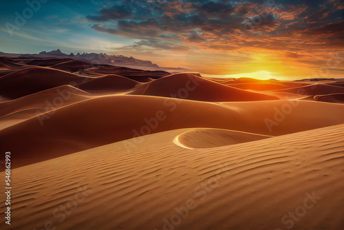 Breathtaking sunset over the Sahara Desert sand dunes  where vibrant skies meet sweeping curves of golden sand  capturing the serene beauty of nature s vast expanse. 
